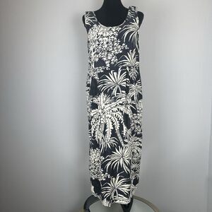 Vintage Jams World Midi Dress Women Medium Black Cream Palm Tree Tropical Summer